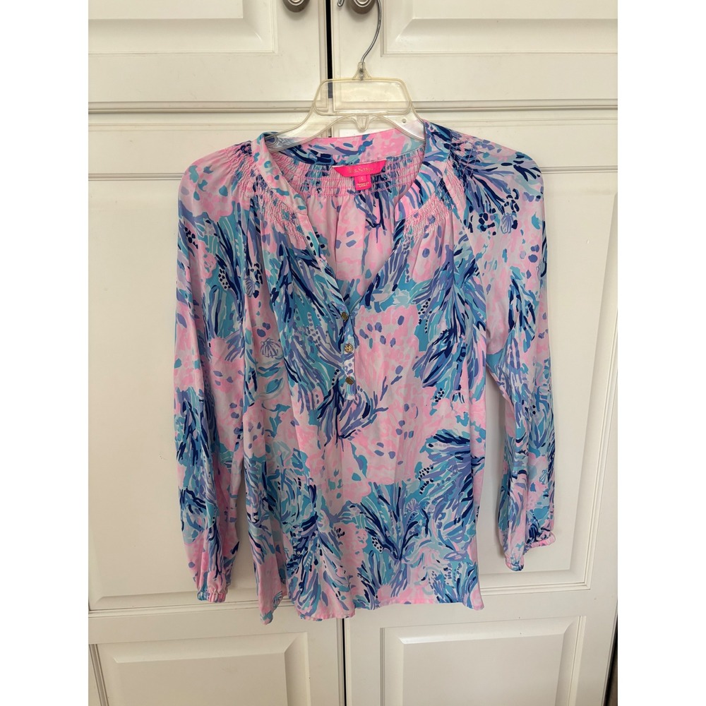 Lilly Pulitzer Elsa Top Pink Blue Silk‎ Floral Print Long Sleeve Blouse Small